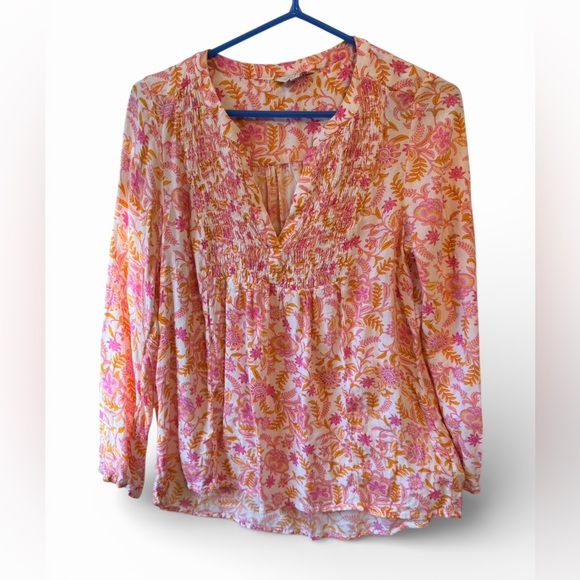 Lucky Brand Floral V Neck Blouse Pink Orange Women’s Medium - Picture 3 of 9